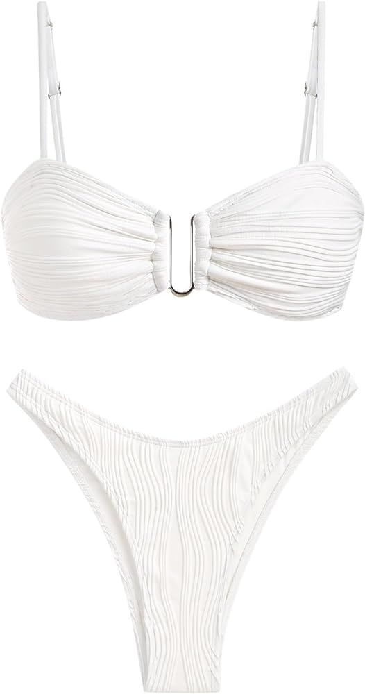 ZAFUL Bikini Sets for Women Wave Textured U Metal Lace Up High Leg Brazilian Cheeky Swimsuits 2 P... | Amazon (US)