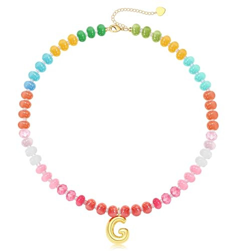 Colorful Beaded Necklace with Initial G, Bubble G Letter Necklace Gold Beaded Necklaces for Women Stocking Stuffers Adjustable Gemstone Bead Beach Gifts for Her Birthday Christmas Jewelry | Amazon (US)