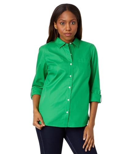 Tommy Hilfiger Women's Shirt Solid Roll Tab Fern S | Amazon (US)