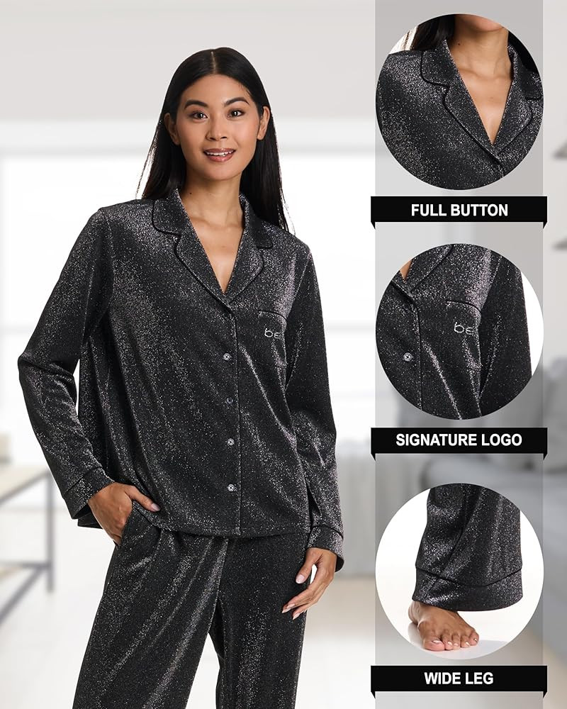 bebe PJ Sets for Women Metallic Shimmer, Womens Button Down Pajama Sets Loungewear, Ladies Sleepw... | Amazon (US)