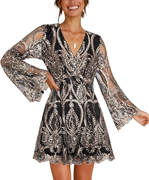 Women's Sequin Dress Long Sleeve Deep V Neck Embroidery Event Party Cocktail Mini Skater Dresses | Amazon (US)