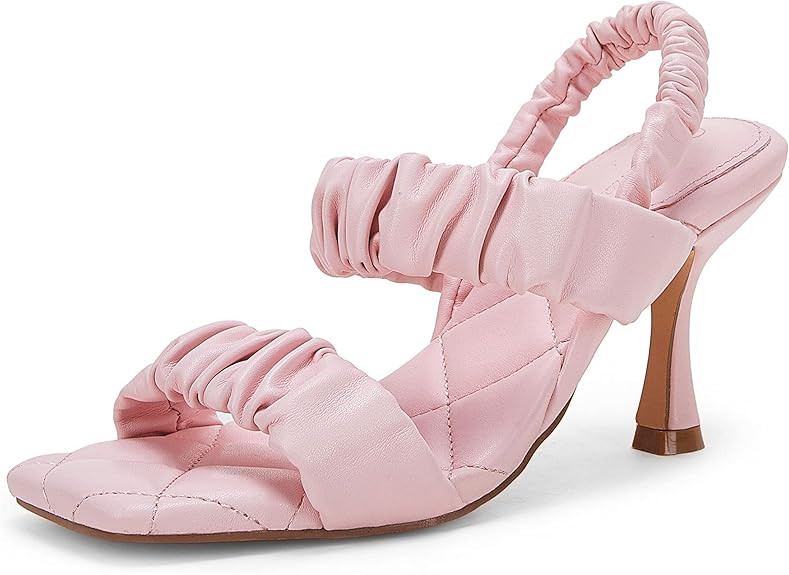 Womens Square Open Toe Heels Sandals Ruched Faux Leather Stiletto Slingback Two Strap Slip On San... | Amazon (US)