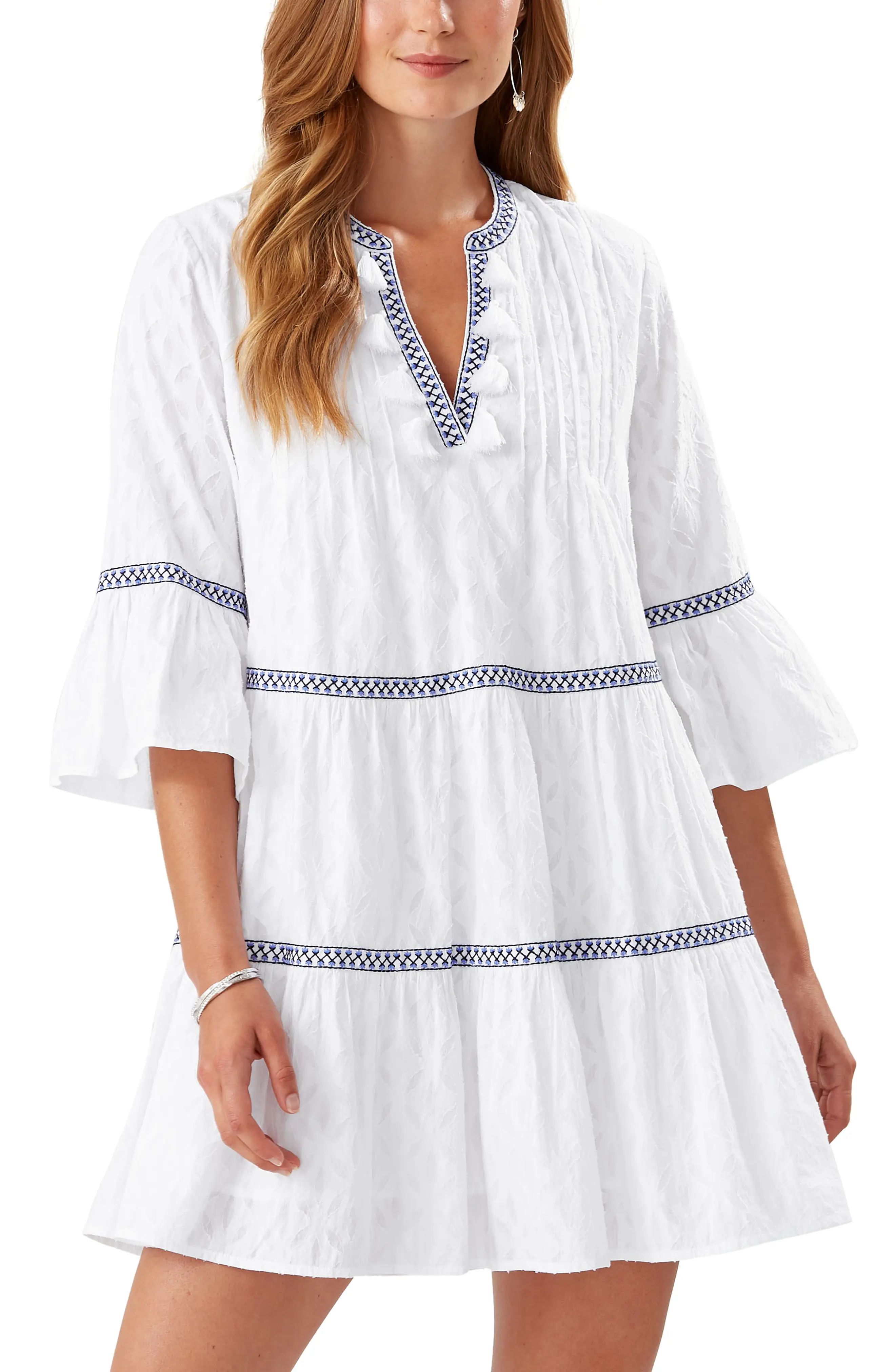 Tommy Bahama Embroidered Cotton Tier Cover-Up Dress in White at Nordstrom, Size Small | Nordstrom