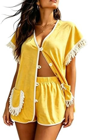 Meiweileya Womens 2 Piece Shorts Set Towel Button down Fringe Trim Pajama Set Terry Cloth Loungew... | Amazon (US)