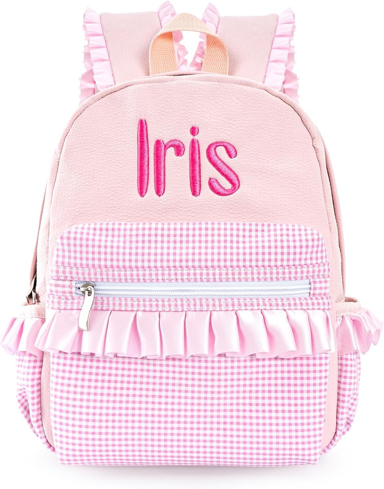 Daycare Backpack Personalized Large 15inch Backpack with Embroidered Name - Seersucker Gingham Ba... | Amazon (US)