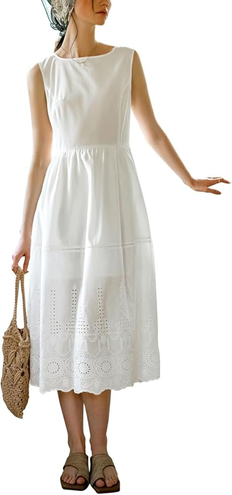Women's White Bohemian Midi Dress, Sleeveless Embroidered Eyelet Lace Summer Casual Long Dress | Amazon (US)