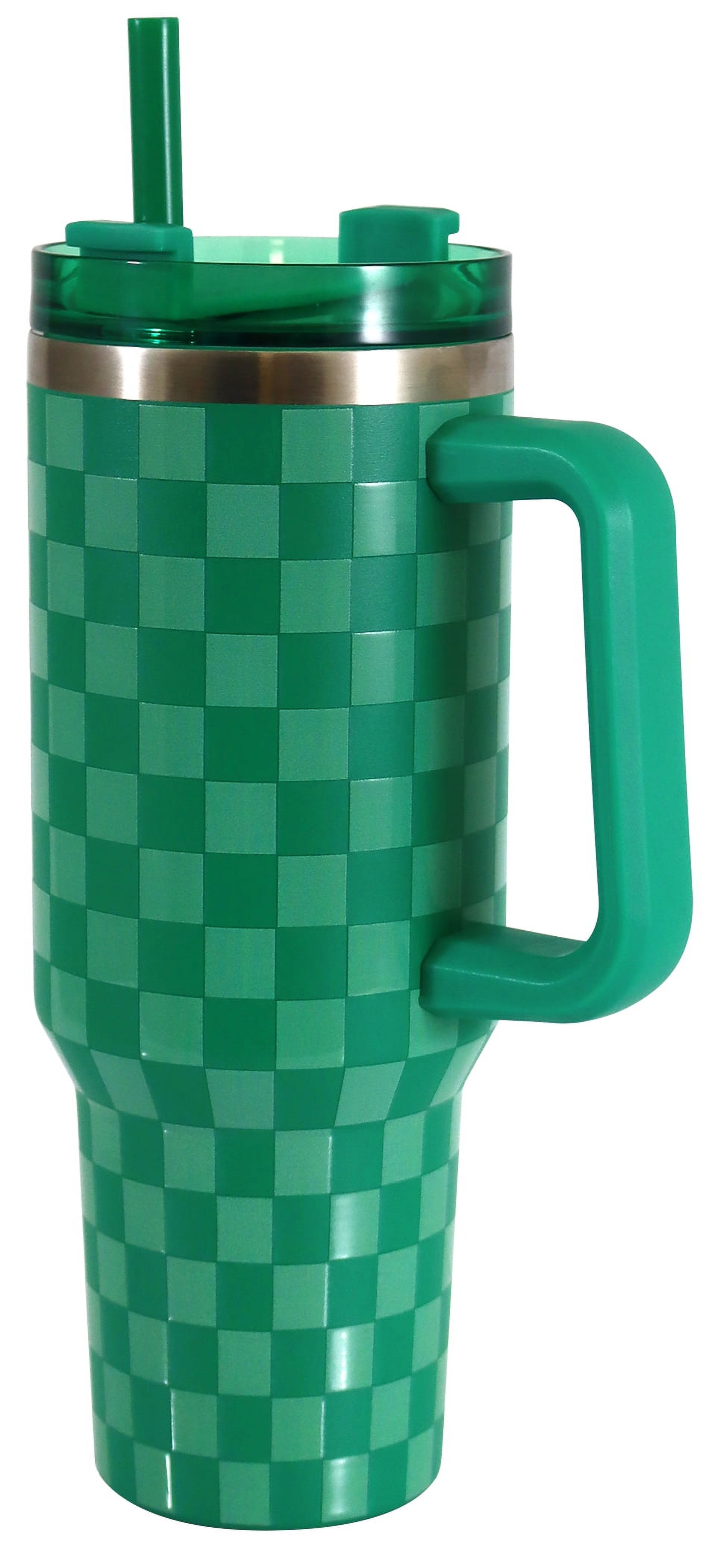 Mainstays 40 oz Stainless Steel Tumbler with Straw and Handle, Double Wall Insulated, Green Check | Walmart (US)