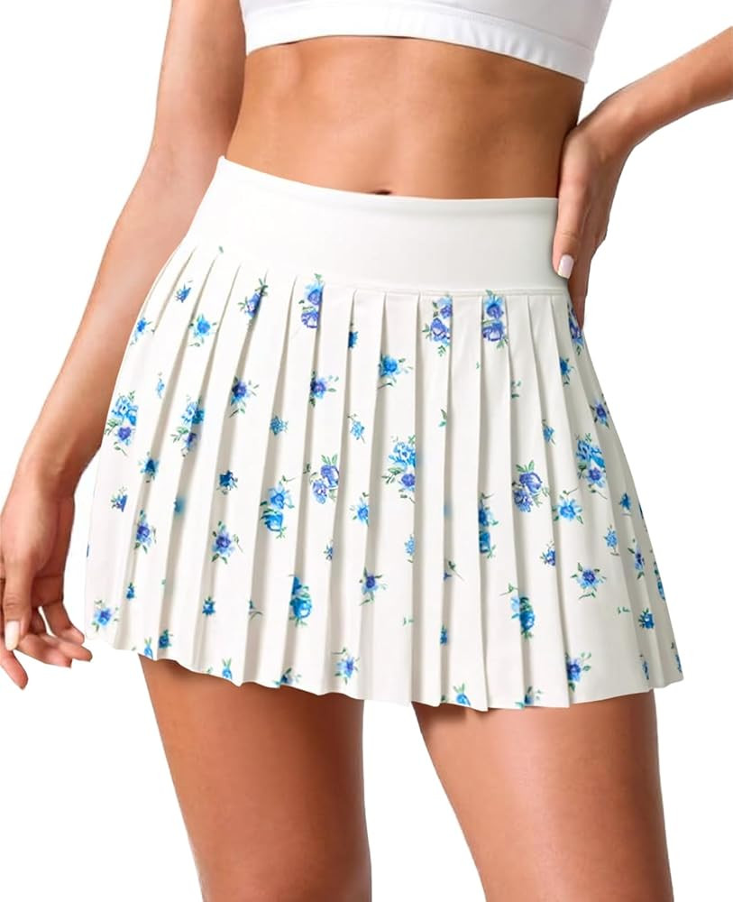 Fisoew Womens Floral Print Pleated Tennis Skirt High Waist Workout Athletic Mini Skirts with Pock... | Amazon (US)