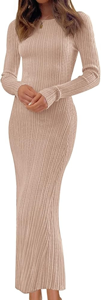 MEROKEETY Women's 2025 Long Sleeve Bodycon Sweater Dress Fall Winter Crew Neck Ribbed Knit Maxi D... | Amazon (US)
