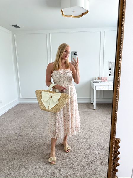 The sweetest Nordstrom midi dress for a bridal or baby shower! Wearing size small. Summer dresses // shower dresses // brunch dresses // day date dresses // event dresses // vacation dresses // Nordstrom dresses // Nordstrom finds // Nordstrom fashion // straw bags // summer bags 

#LTKSeasonal #LTKWedding #LTKStyleTip