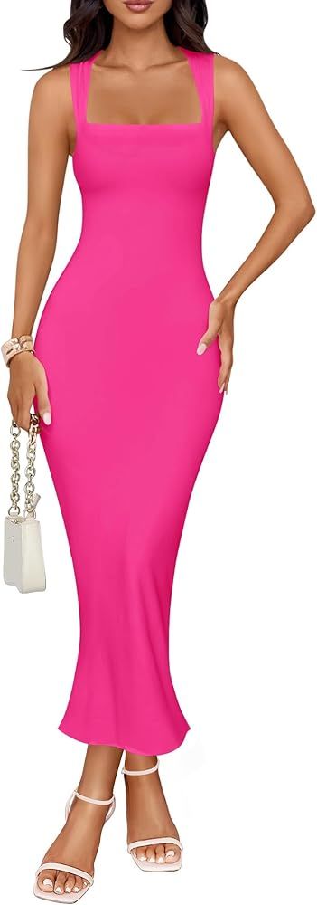 ZESICA Women's Summer Bodycon Midi Dress 2024 Sleeveless Square Neck Slim Fit Back Slit Long Cock... | Amazon (US)