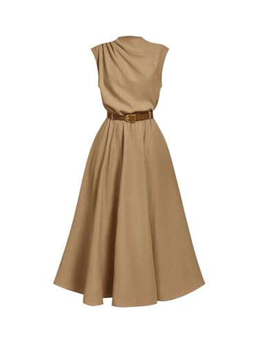 OYOANGLE Women's Mock Neck Ruched Belted Dress Button Back Elegant Flared Sleeveless A Line Long Dress Khaki X-Small | Amazon (US)
