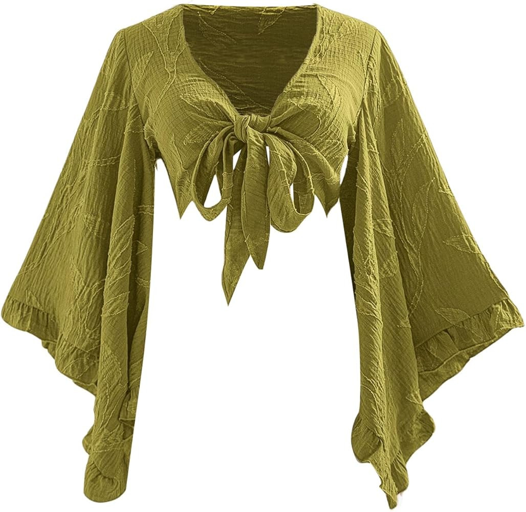 Women's Boho Tops Western Country Concert Outfits Tie Front Long Bell Sleeve Tops 70s Hippie Disc... | Amazon (US)