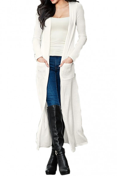 Autumn Collection Open Front Double Pockets Longline Plain Slim-Fit Women's Cardigan | Beautifulhalo.com