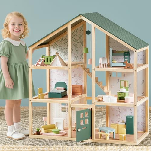 Tiny Land Wooden Dollhouse for Girls - 6 Rooms Wooden Doll House, DIY Pretend Doll House with 31P... | Amazon (US)