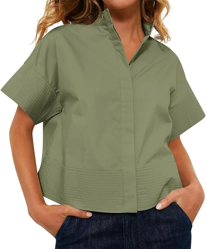 Cicy Bell Womens Cropped Short Sleeve Button Down Shirts Pleated Summer Dressy Casual Blouse Stan... | Amazon (US)