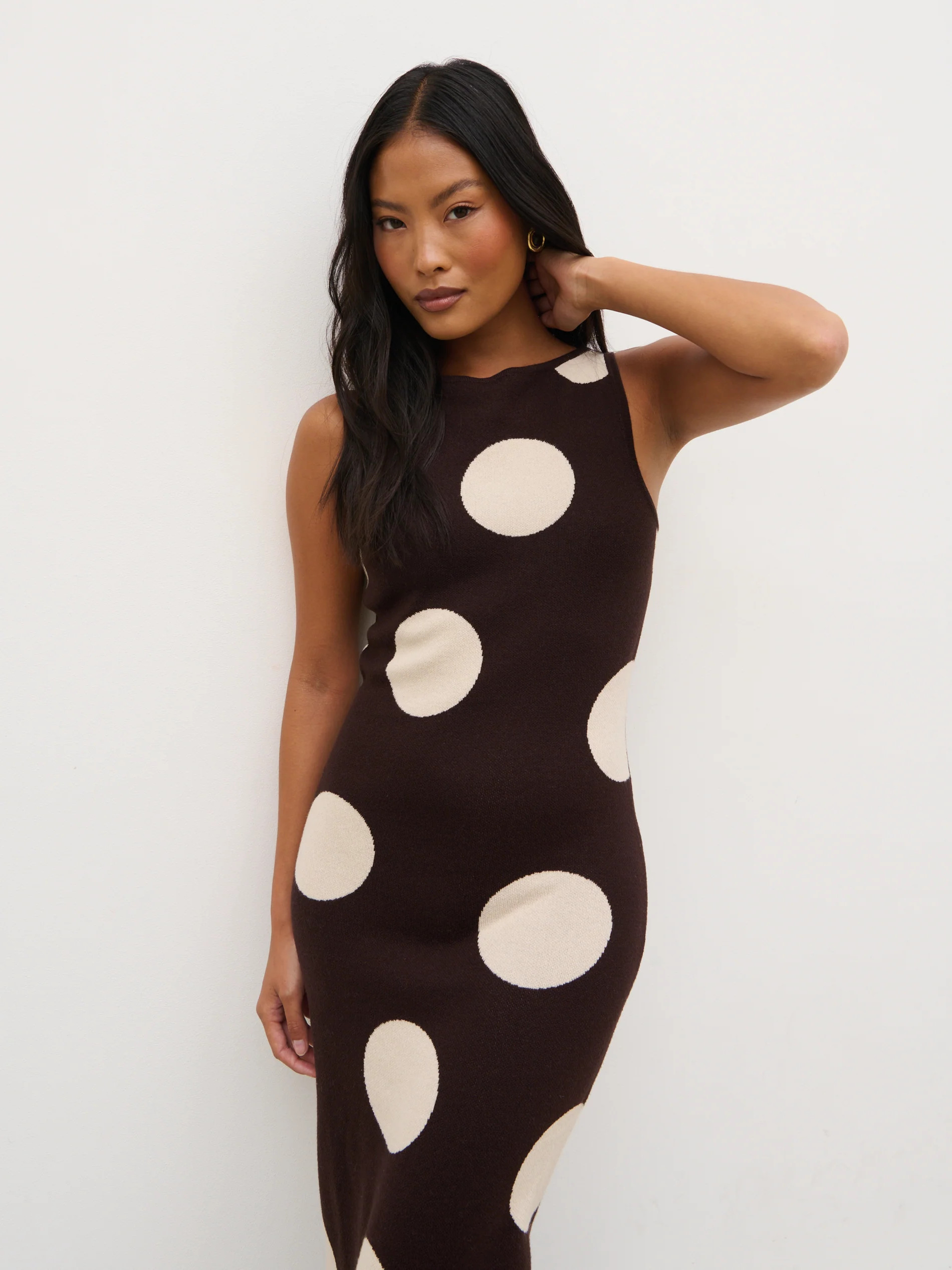 Sarover Polka Dot Maxi Knit Dress - Chocolate and Cream | Pretty Lavish (UK)