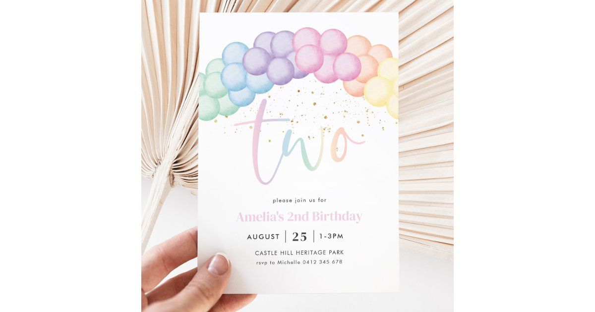 Pastel Rainbow Balloon Arch 2nd Birthday Party Invitation | Zazzle | Zazzle