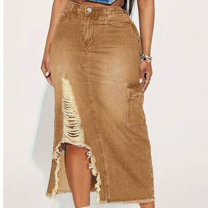 Women's Casual Slim Twill Denim Midi Denim Skirt With High Waist And Worn Buttons And Pockets | SHEIN