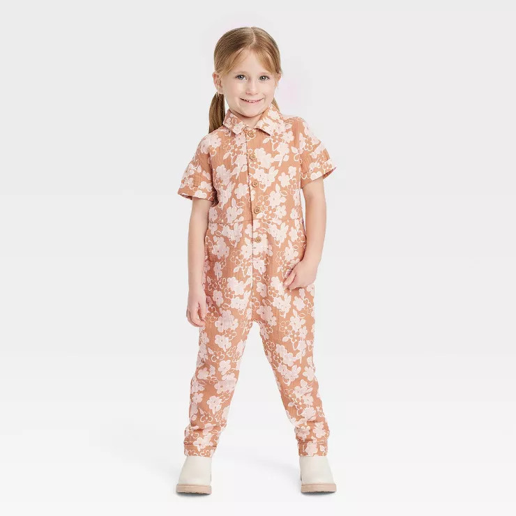 Grayson Collective Toddler Girls' Gauze Floral Short Sleeve Jumpsuit - Rust Orange | Target
