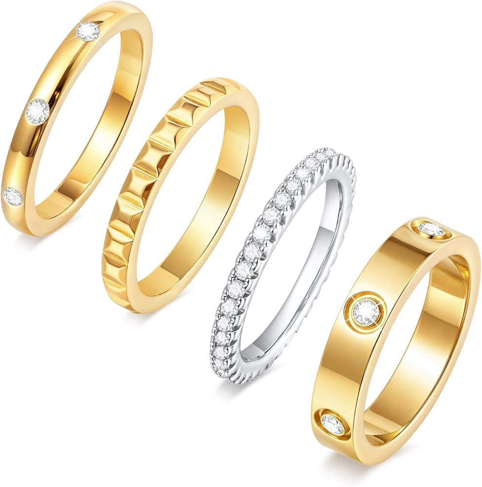 Stackable Gold Rings for Women - 18K Gold Plated Rings Set, Non Tarnish Stainless Steel Cubic Zir... | Amazon (US)