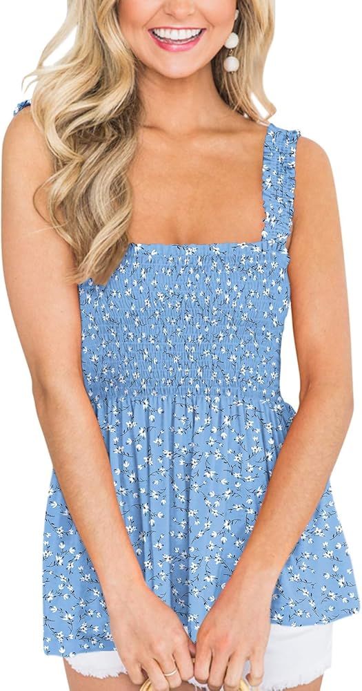 Clarisbelle Women's Summer Ruffle Hem Smocked Tank Tops | Amazon (US)