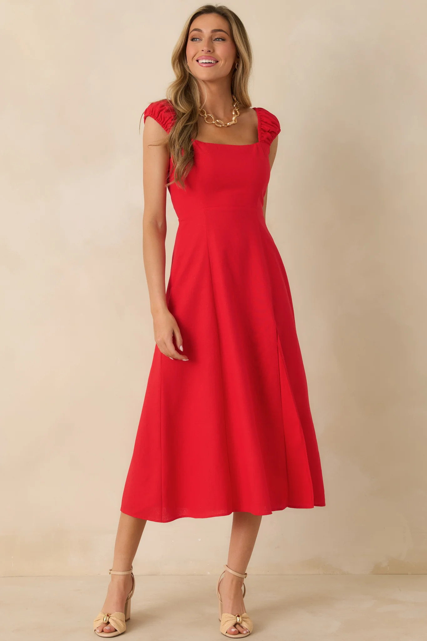 Radiant Reverie Red Linen Midi Dress | Red Dress