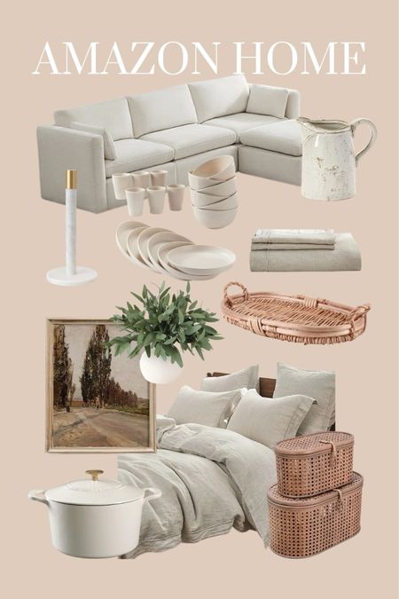 Amazon home finds. Linen bedding.  Amazon sofa. Sofa sectional. Wall art. Amazon kitchen finds. Faux eucalyptus stems. Woven tray. Shelf decor. Dinnerware. 

#LTKFindsUnder50 #LTKHome