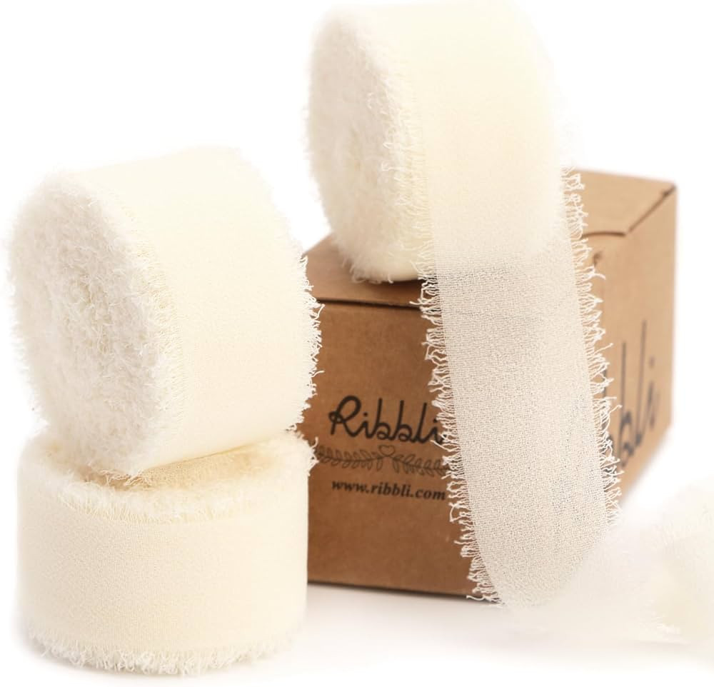 Ribbli Ivory Ribbon 1 Inch x 3 Rolls Total 24 Yards Ivory Handmade Fringe Chiffon Silk Ribbon for... | Amazon (US)