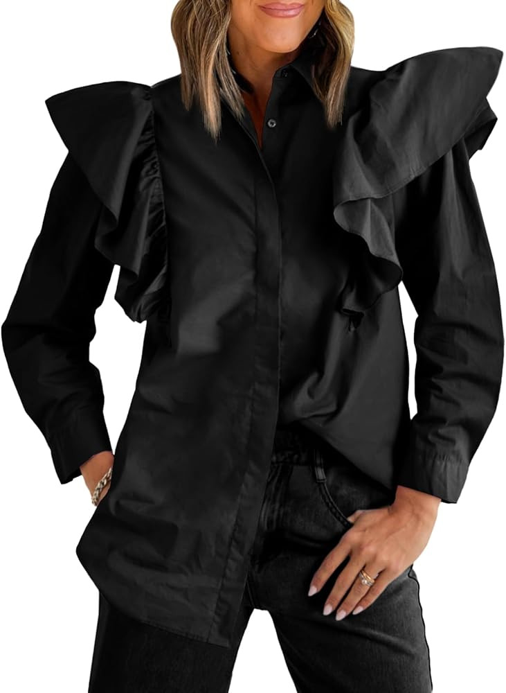 Tankaneo Womens Button Down Shirts Ruffle Long Sleeve Loose Fit Blouse Dressy Casual Tops | Amazon (US)
