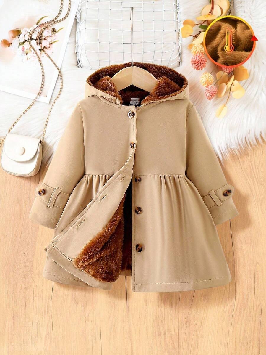SHEIN Baby Girls' Khaki Long Sleeve Hooded Thermal Lined Jacket, Fashionable & Versatile For Autu... | SHEIN