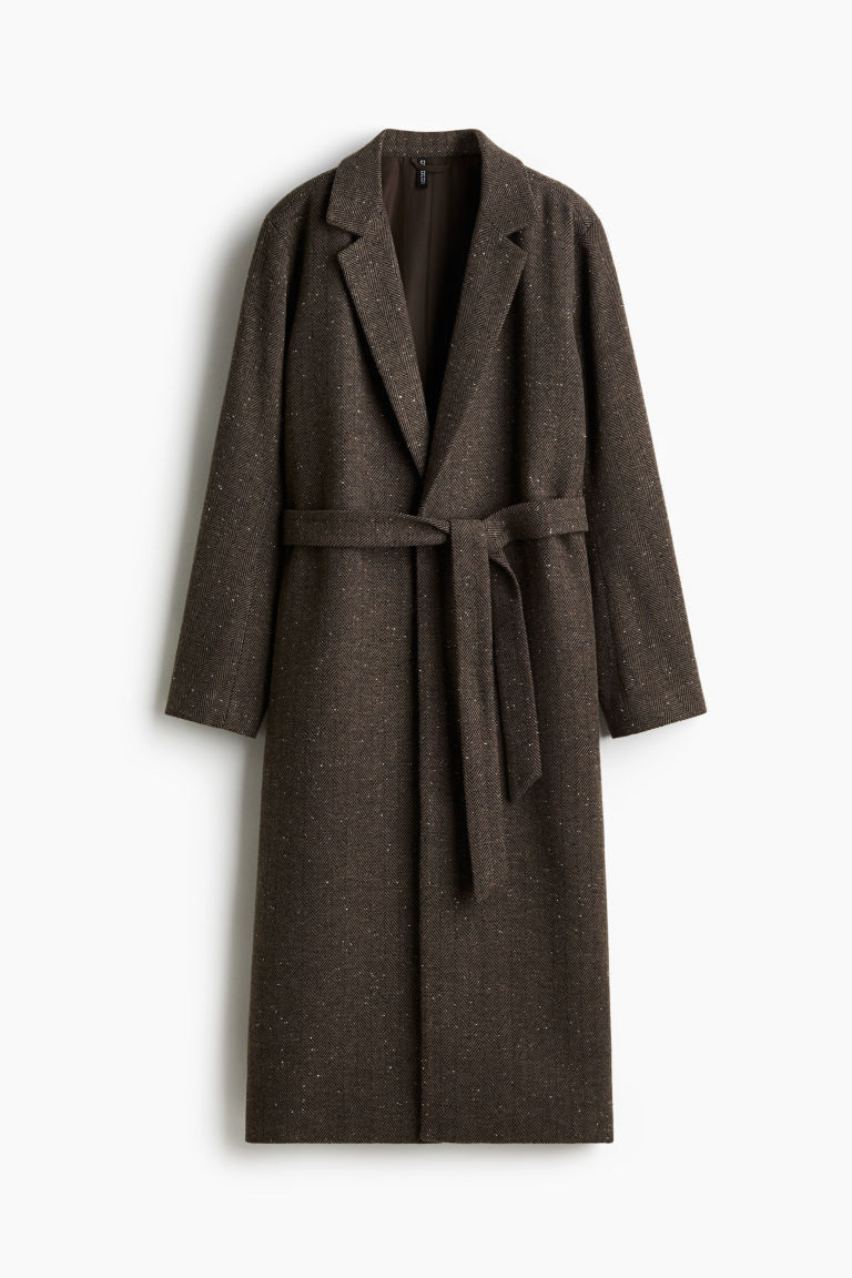 H & M - Brushed-finish tie-belt coat - Brown | H&M (UK, MY, IN, SG, PH, TW, HK)