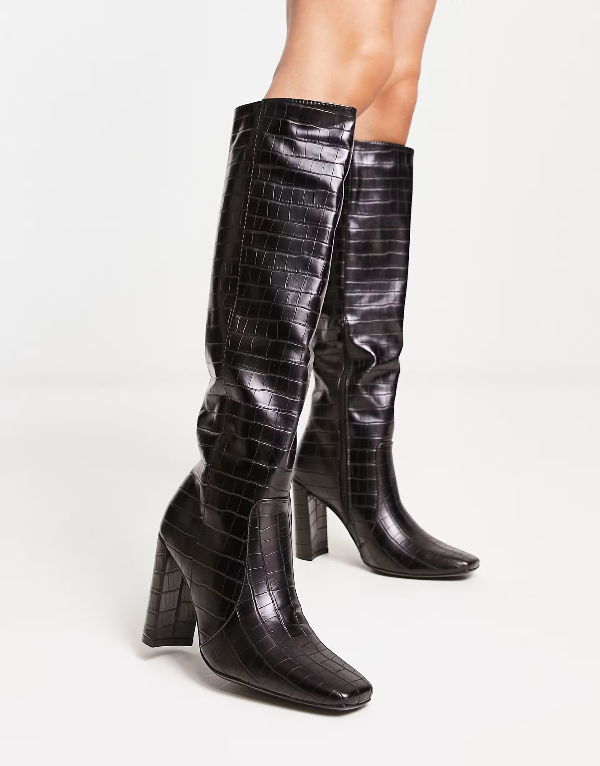 Truffle Collection square toe heeled knee boots in black croc | ASOS (Global)