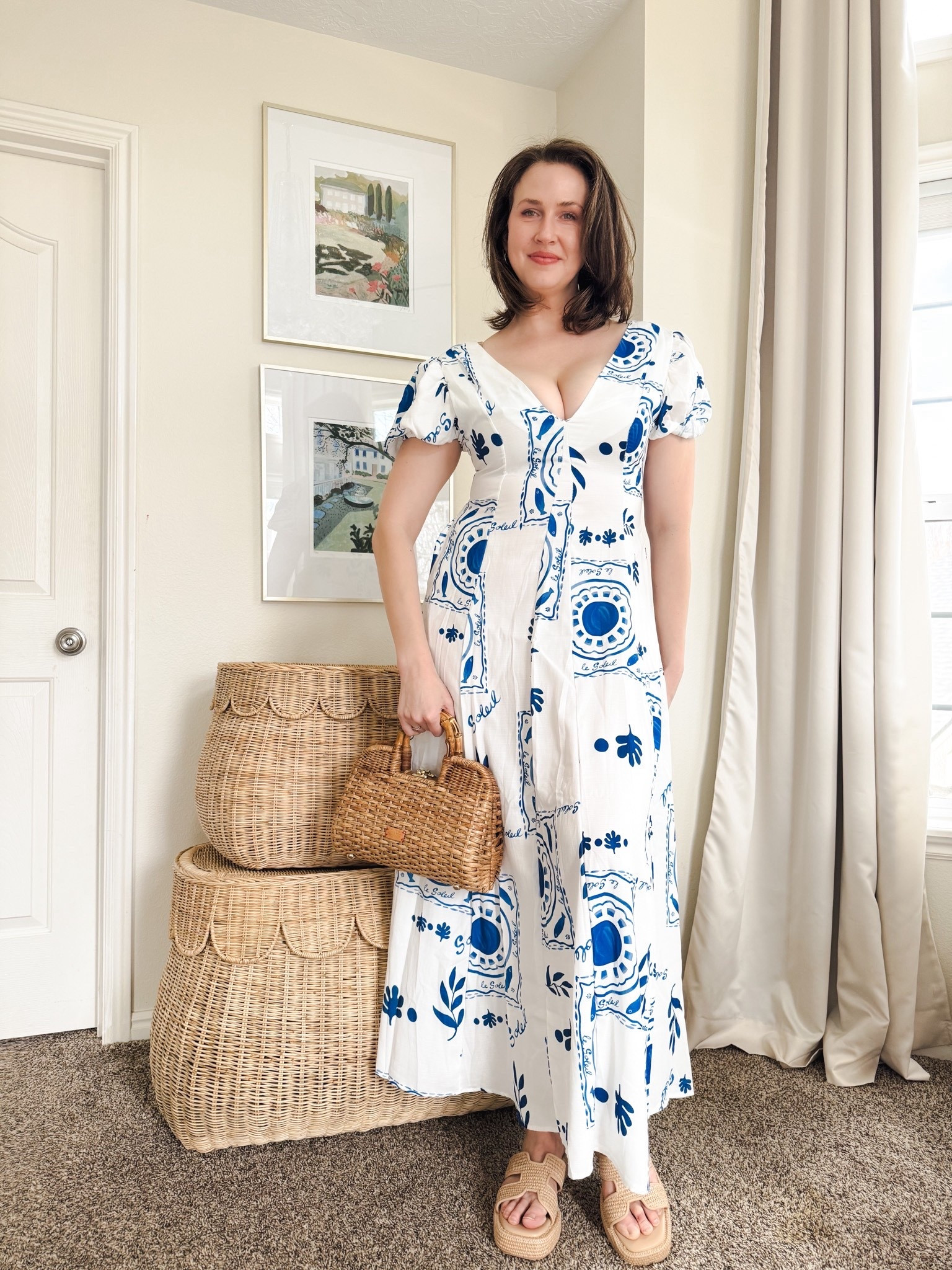 A pretty blue and white dress for spring. I’ve paired this puff sleeve maxi dress with a pair of raffia sandals and a Frances Valentine basket bag.

#date night outfits #spring outfits 2026 #spring dresses #vacation outfits beach #easter dress women
#ltkshoecrush

#LTKOver40 #LTKootd #LTKTall