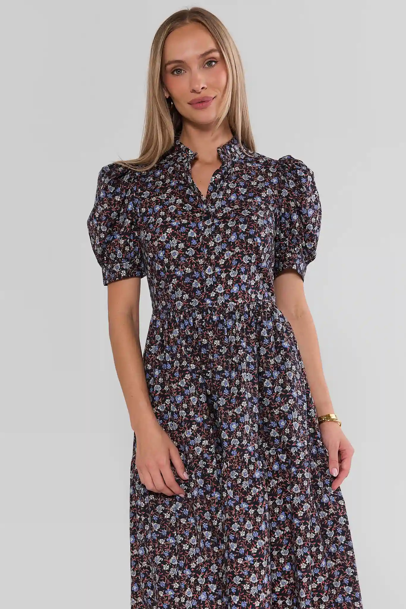 Blake Blue Floral Tiered Midi Dress | Avara
