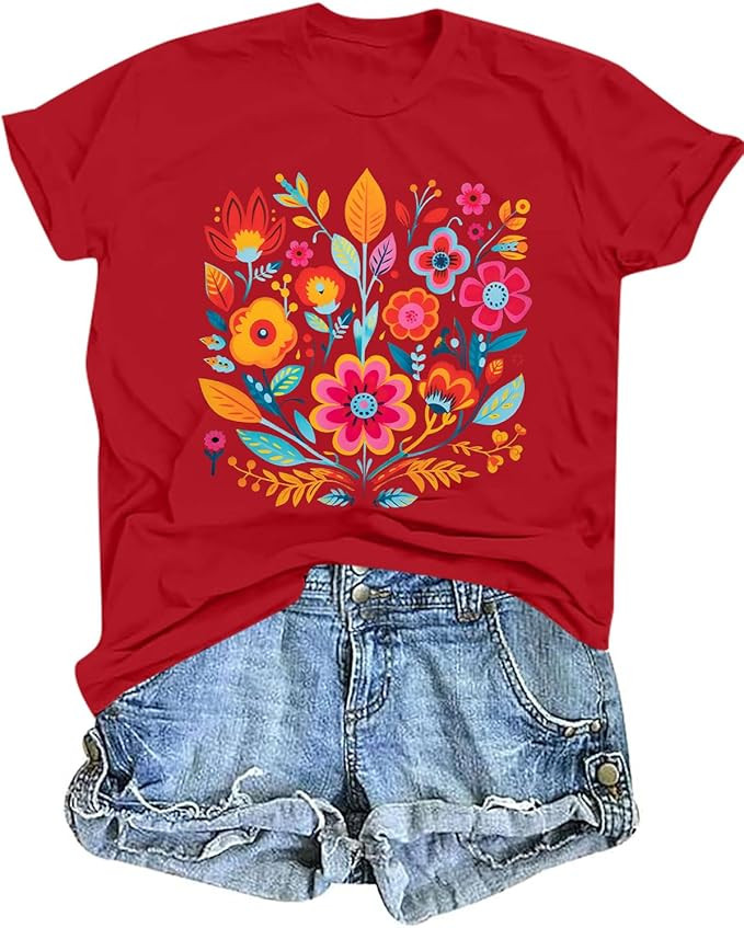 Mexican Shirts for Women Mexico Floral Shirt Cinco De Mayo T-Shirt Mexian Party Tops Summer Boho ... | Amazon (US)