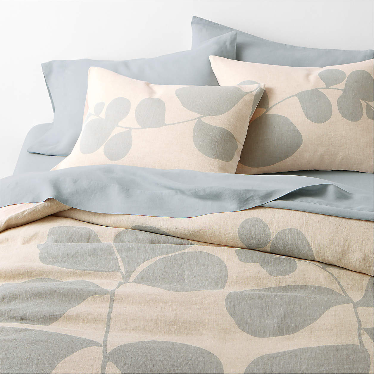 Aire Natural EUROPEAN FLAX ™-Certified Linen Mist Blue Botanical King Duvet Cover | Crate & Barrel