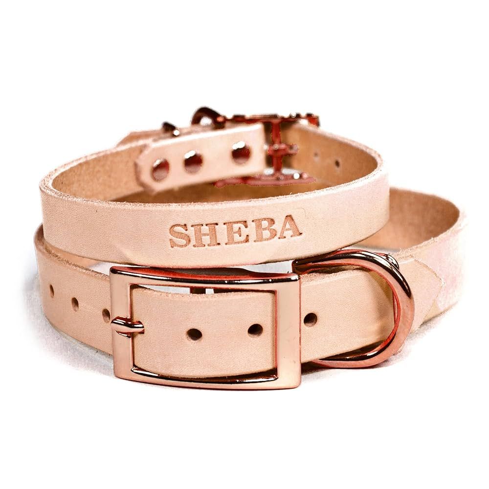 Handmade Personalized Bridle Leather Dog Collar Engraved Pet Name, Copper/Rose Gold Tone Hardware... | Amazon (US)