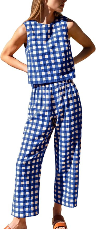 Gozoloma Women's Gingham 2 Piece Set Tank Top and Loose Fit Pants with Pockets Casual Summer Matc... | Amazon (US)