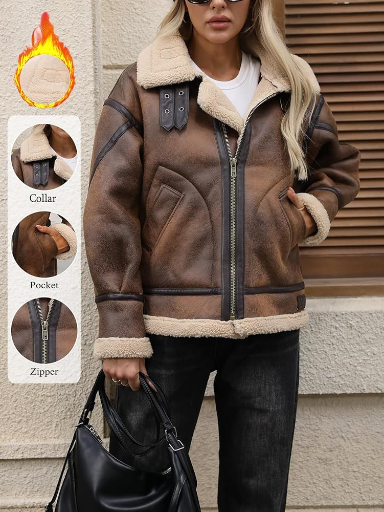 LY VAREY LIN Winter Women Faux Leather Jacket Sherpa Aviator Bomber Coat | Amazon (US)