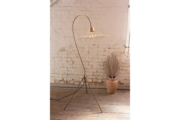 Kalalou Antique Brass Finish Floor Lamp w/ Rattan Umbrella Shade | Ashley Homestore