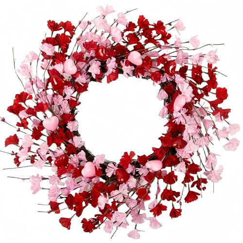 MAINGKAUNG 20 Inch Valentine's Day Wreath, Valentines Day Wreaths for Front Door, Valentine Day Wreath with Red Berries and Pink Love Heart Forsythia Flowers, Great for Wedding and Holiday Decorations | Amazon (US)