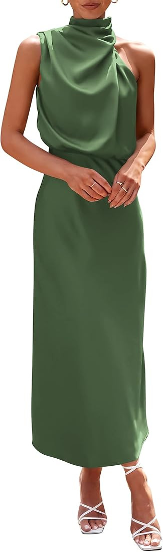 PRETTYGARDEN Women's 2023 Summer Satin Dress Elegant Sleeveless Mock Neck Cocktail Party Maxi Dre... | Amazon (US)