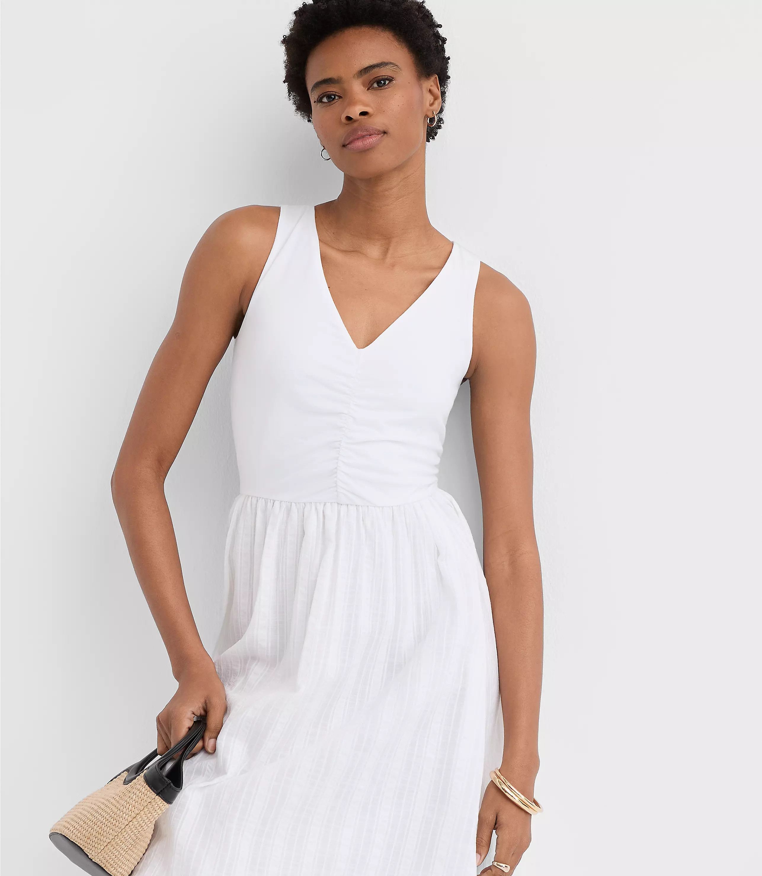 Stripe Ruched Mixed Media Midi Pocket Dress | LOFT