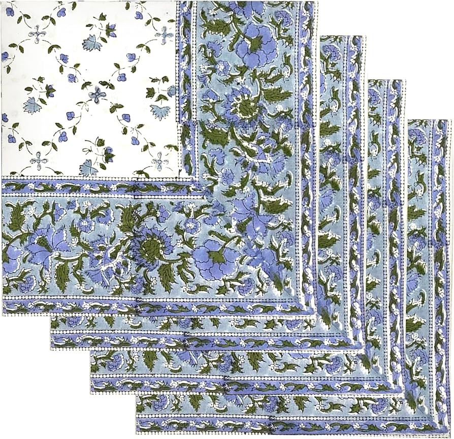 Ridhi Block Print Powder Blue Border Napkins 20" x 20" Inch Set 4 -Reusable Cotton Decorative Nap... | Amazon (US)