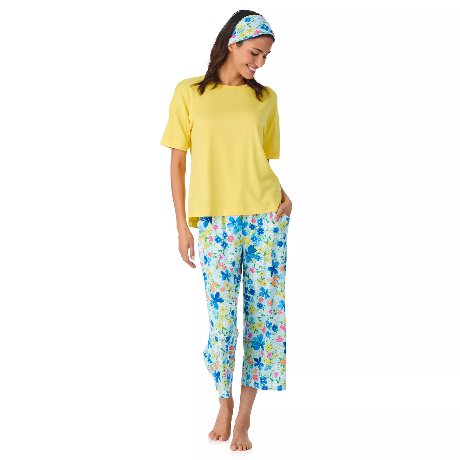 Women's Cuddl Duds® Cozy Short Sleeve Pajama Top & Capri Pajama Pants Set with Headband | Kohl's
