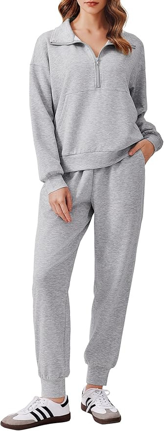 PINSPARK 2 Piece Sets for Women 2024 Fall Travel Outfits Long Sleeve Tracksuit Joggers Sets Half ... | Amazon (US)