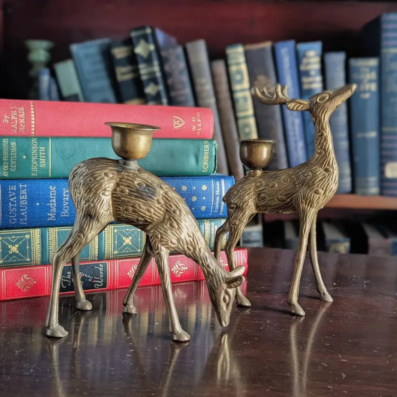 Vintage Brass Deer Candleholders | Buck & Doe Candlesticks | 1970s Woodland Holiday Décor | Etsy (US)