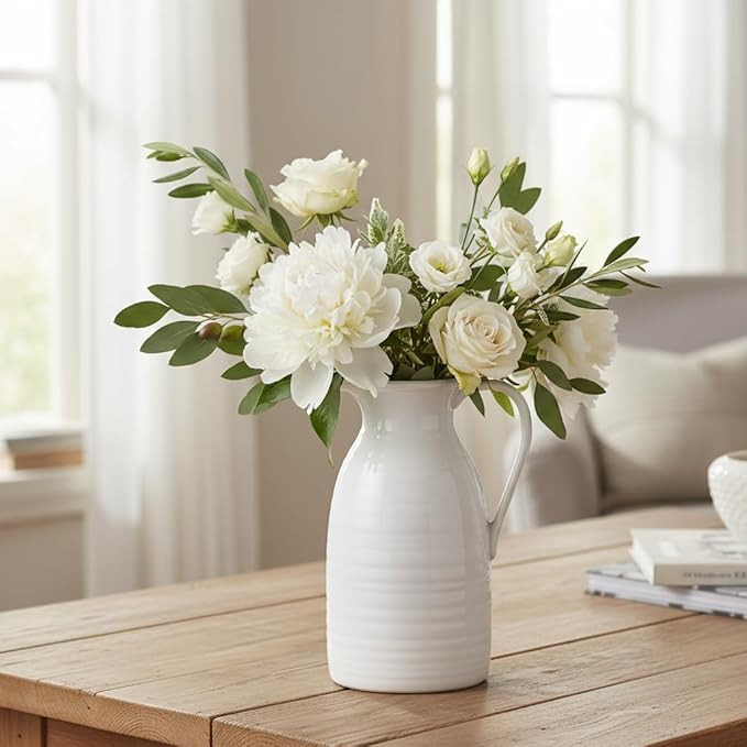 hjn Farmhouse Pitcher Vase for Flowers- Ceramic Pitcher White Flower Vase for Your Kitchen/Home D... | Amazon (US)
