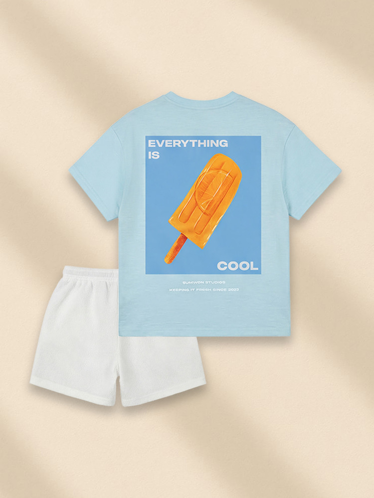 SUMWON Boys Summer Light Blue Short Sleeve T-Shirt With Ice Lolly Back Print And White Elastic Wa... | SHEIN